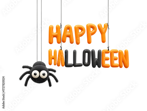 Happy Halloween text with hanging cartoon spider isolated on transparent background, playful spooky festive vector illustration