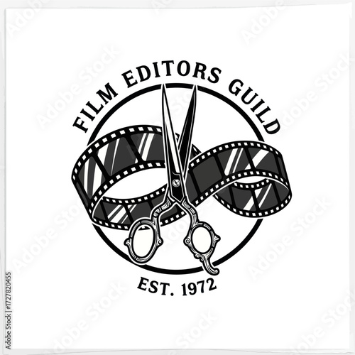 Black and white logo for Film Editors Guild featuring scissors cutting a film strip within a circular emblem, established 1972.
