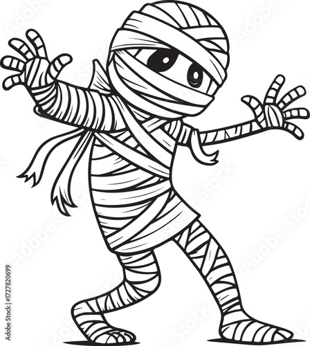 Cute Spooky Mummy Halloween Horror Hand-drawn Vector Illustration, Sketch Drawing Doodle Line Linear Symbol Icon Engraving Coloring Book, Black and White Isolated