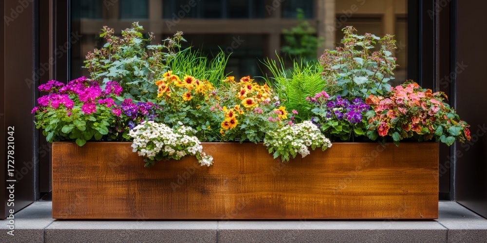 Fototapeta premium Large wooden planter with a variety of colorful flowers. The flowers include pink, yellow, and white