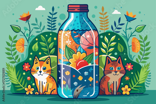 vector of Cut the bottle of soda or mineral water in half.
Cover the bottom part with paint or colored paper.
Draw animal faces (such as cats or rabbits) on it and plant flowers or plants inside.