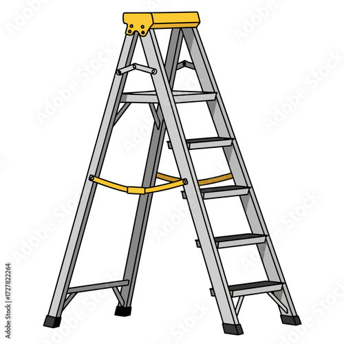 Illustration of a Silver Stepladder with Yellow Accents on White Background