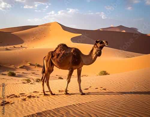 Fototapeta Naklejka Na Ścianę i Meble -  A single camel stands in a vast, golden desert landscape at sunrise, its silhouette outlined against the undulating dunes