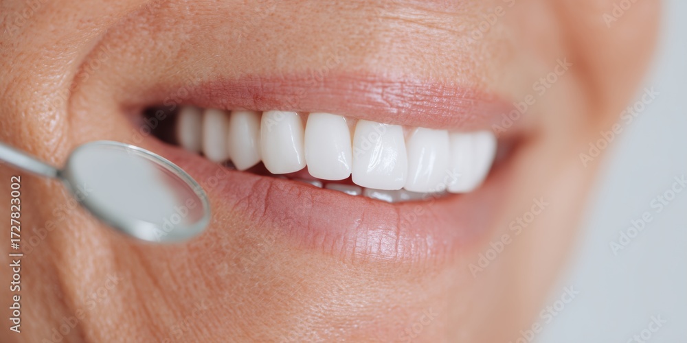 Obraz premium Woman is smiling and holding a dental mirror. The mirror is reflecting her teeth. The woman's teeth are white and clean