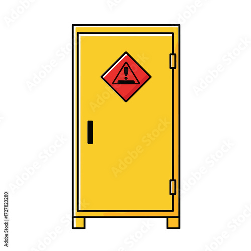 Vector illustration of a yellow hazardous material storage cabinet with a warning symbol, representing workplace safety and secure chemical containment