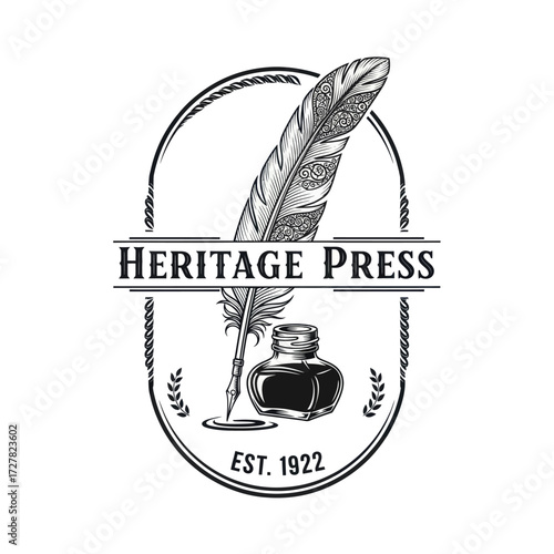 A vintage logo for Heritage Press, featuring a quill pen dipping into an inkwell, with decorative elements and the establishment date "EST. 1922".