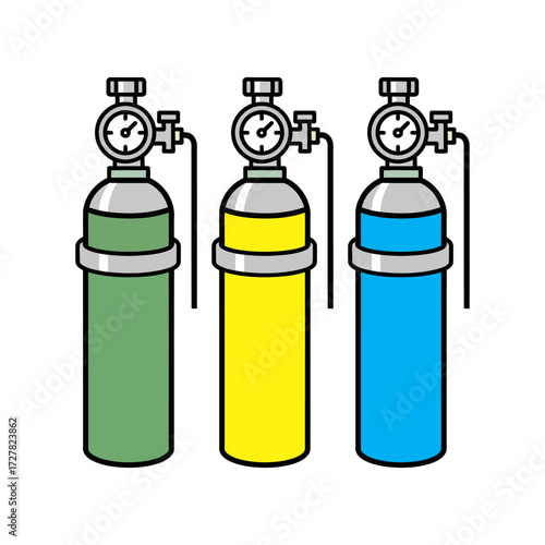 An illustrated set of various colorful compressed gas tanks, including oxygen and industrial gas containers with pressure gauges