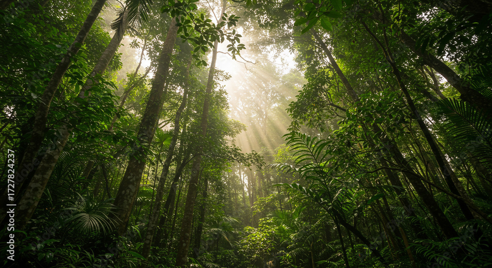 Fototapeta premium Dense tropical jungle with shafts of light breaking through the canopy