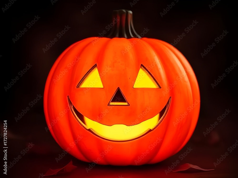 Fototapeta premium Glowing Jack o Lantern with Smiling Face on Dark Background