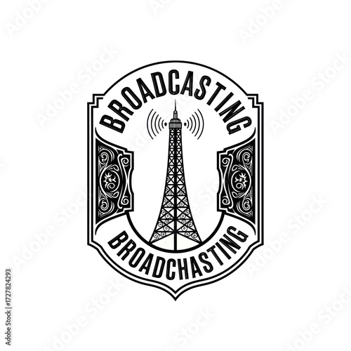 Black and white logo featuring a broadcasting tower with the word broadcasting around it.