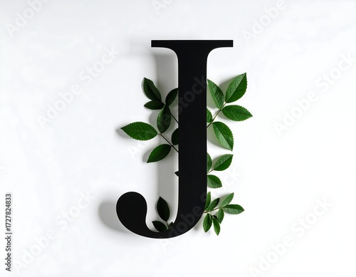 Black capital letter J surrounded by greenery on a white surface
