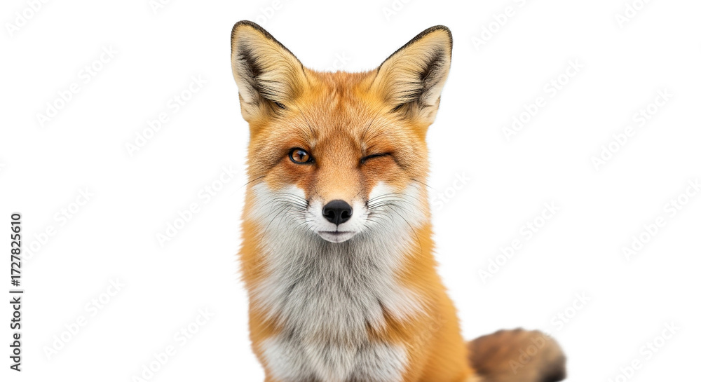 Fototapeta premium Fox portrait against white background shows orange fur and closed eyes.