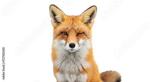 Fox portrait against white background shows orange fur and closed eyes.