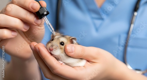 Veterinarian administering medication to a cute hamster with a dropper, providing essential care and attention during a checkup in a professional setting
