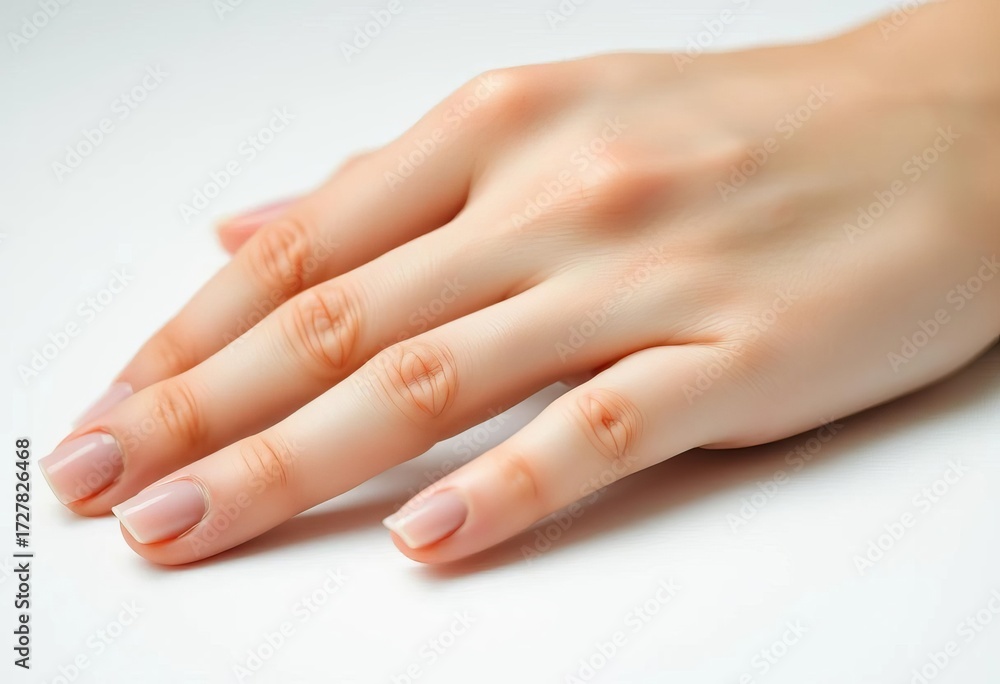 Fototapeta premium Close-up of a delicate female hand, fingers slightly splayed, resting on a pristine white surface, image, photography