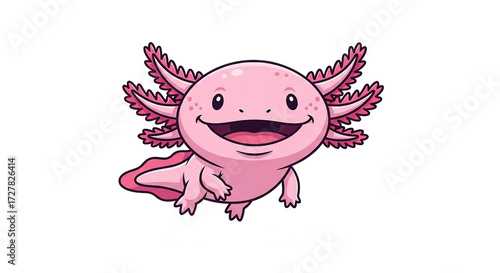 Cartoon axolotl with a happy expression isolated on white background.