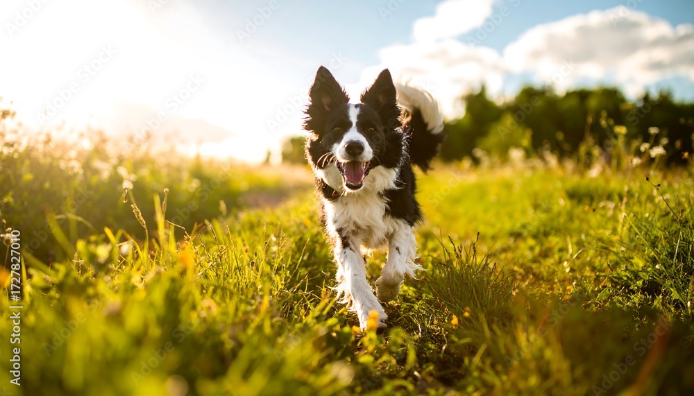 Fototapeta premium Happy black and white dog running towards camera in grassy field, bathed in warm sunlight