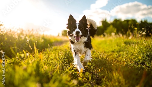 Fototapeta Naklejka Na Ścianę i Meble -  Happy black and white dog running towards camera in grassy field, bathed in warm sunlight