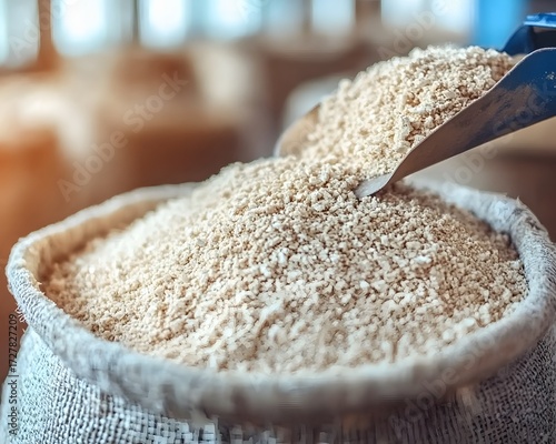 Closeup Granular Feed in Burlap Sack Scoop