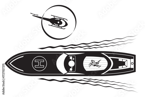 Helicopter landing at yacht with fashion models - vector illustration