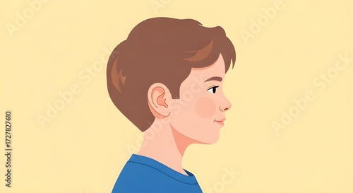Profile of a young boy with brown hair and blue shirt, a clean and simple design with a soft yellow background conveying innocence and youth