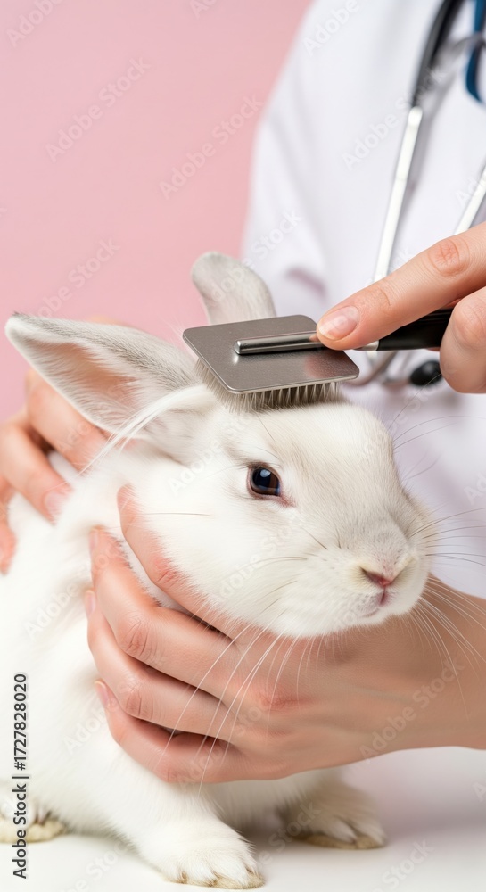 Fototapeta premium Close-up of a veterinarian brushing a white rabbit with a metal brush, showing the importance of grooming for pet health and wellbeing, against a pastel background .