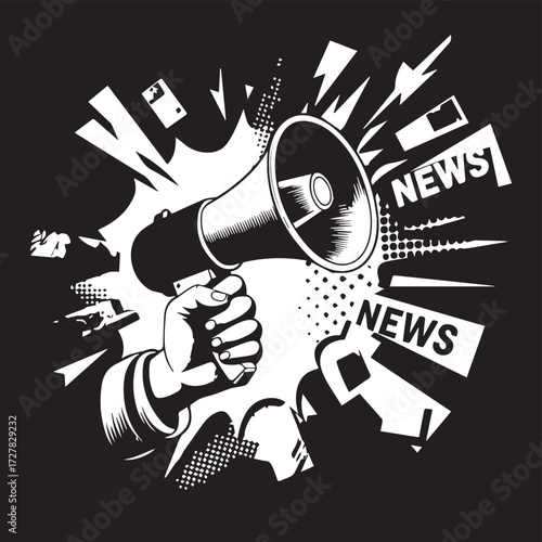 Powerful Hand Holding Megaphone Bursting with News Information and Announcements Graphic Illustration for Communication