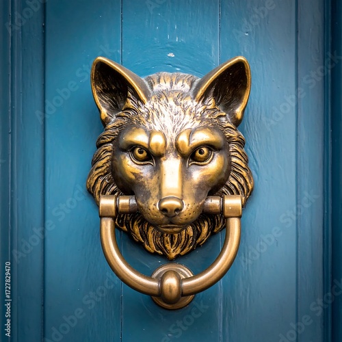 Bronze wolf door knocker on teal door