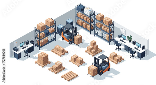 Isometric Warehouse Illustration with Forklifts Shelves and Cardboard Boxes