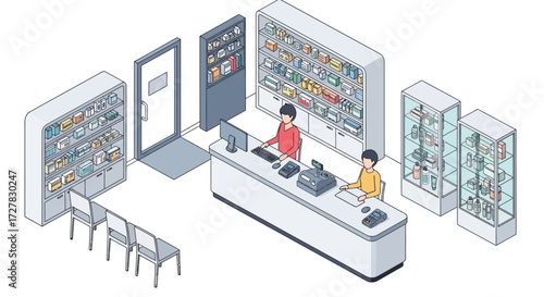 Isometric Pharmacy Illustration Modern Drugstore Interior Design for Healthcare Services