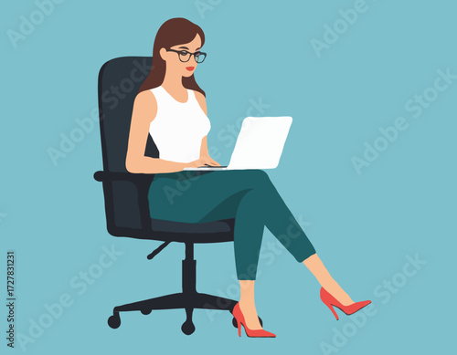 Young female manager sitting in a chair with the laptop. Freelancer. Modern office. Lifestyle. Flat editable vector illustration, clip art