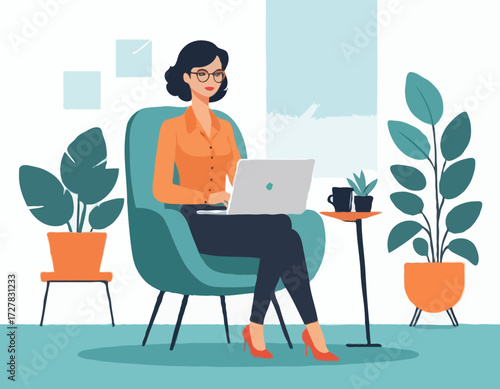 Young female manager sitting in a chair with the laptop. Freelancer. Modern office. Lifestyle. Flat editable vector illustration, clip art