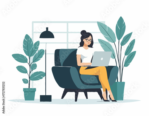 Young female manager sitting in a chair with the laptop. Freelancer. Modern office. Lifestyle. Flat editable vector illustration, clip art