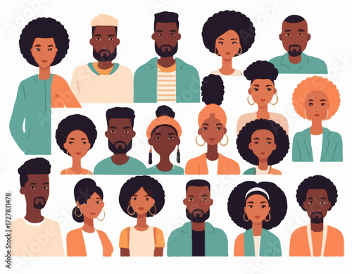 Black community, african people gathered together, a set of male and female characters wearing casual clothes and different hairstyles