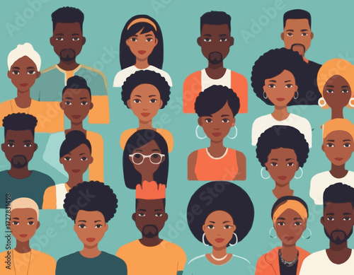 Black community, african people gathered together, a set of male and female characters wearing casual clothes and different hairstyles