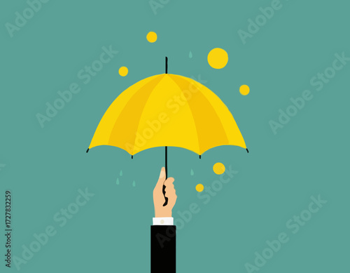 An isolated image of a human hand holding an open yellow umbrella, a rain protection