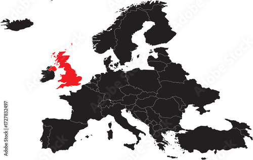 The UK United Kingdon Highlighted on Europe Map