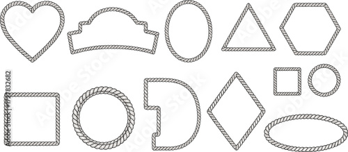 A diverse collection of twisted rope frames in various geometric and classic shapes. Set of isolated monochrome vector borders for decorative design and graphic elements