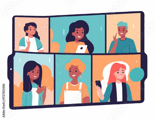 Group video call, virtual window frames, a diverse group of young characters gathering together online