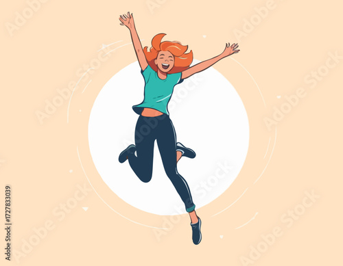 Young excited female character jumping and expressing positive emotions, having fun, good vibe