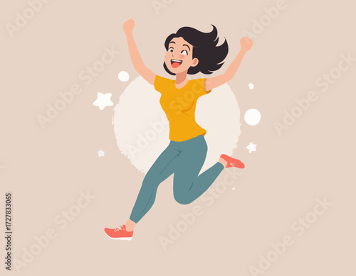Young excited female character jumping and expressing positive emotions, having fun, good vibe