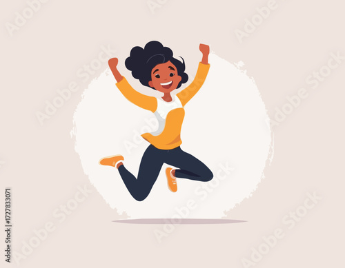 Young excited female character jumping and expressing positive emotions, having fun, good vibe