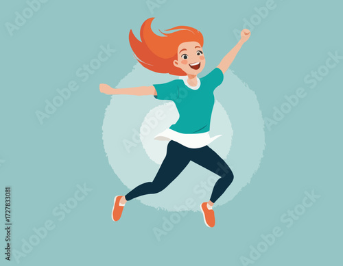 Young excited female character jumping and expressing positive emotions, having fun, good vibe