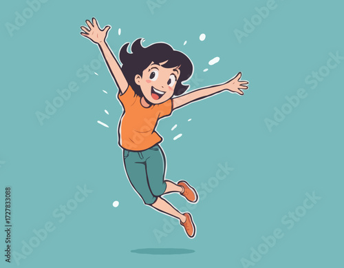 Young excited female character jumping and expressing positive emotions, having fun, good vibe