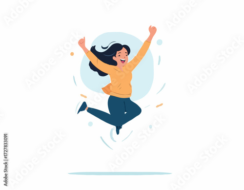 Young excited female character jumping and expressing positive emotions, having fun, good vibe