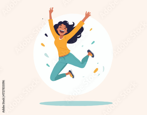 Young excited female character jumping and expressing positive emotions, having fun, good vibe