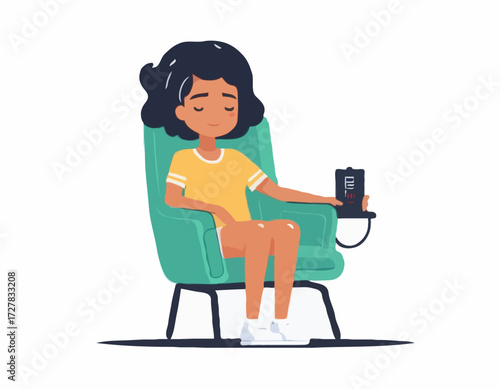 A young female Black exhausted character sitting in a chair with a low battery indicator above
