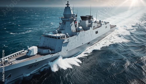 Modern naval frigate warship sailing at speed through blue ocean waters with white wake trail, sleek gray military vessel with 

stealth design features, radar systems and weapons platforms
