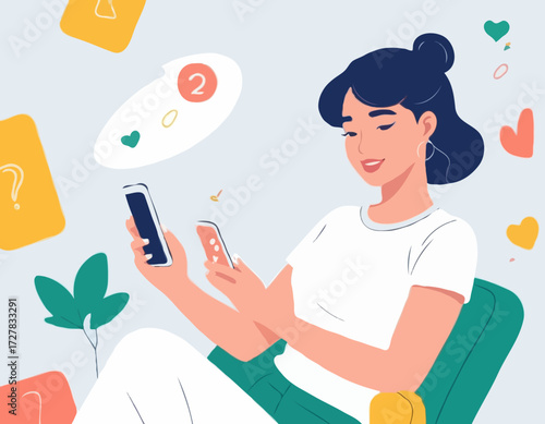 Mobile technologies, young female character scrolling social media newsfeed on their smartphone, generation z lifestyle