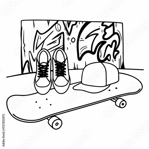A black and white line drawing of a skateboard with a pair of sneakers and a baseball cap placed on top of it with a graffiti covered wall in the background